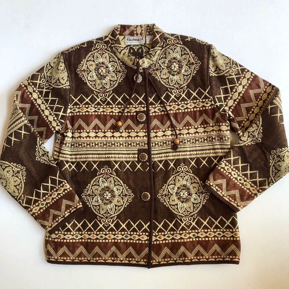 Vintage Tapestry Flashback Brown Bohemian Beaded Jacket